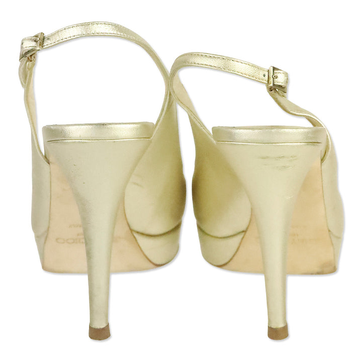 Jimmy Choo Metallic Gold Leather Slingback Peep Toe Pumps