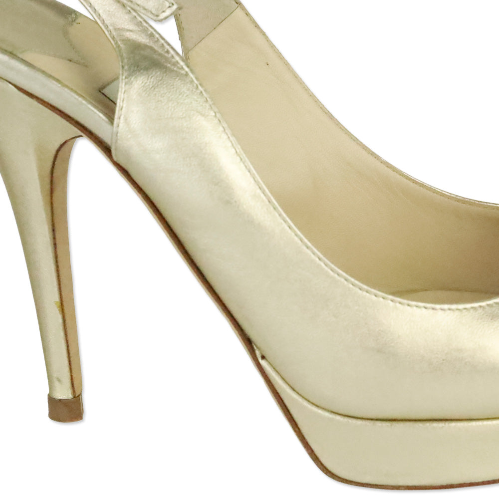 Jimmy Choo Metallic Gold Leather Slingback Peep Toe Pumps
