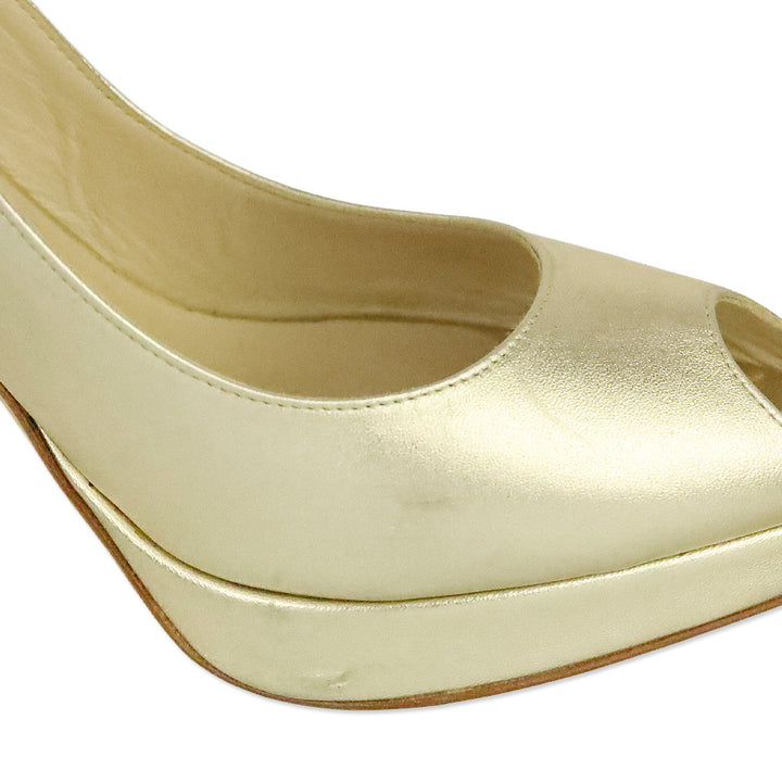 Jimmy Choo Metallic Gold Leather Slingback Peep Toe Pumps
