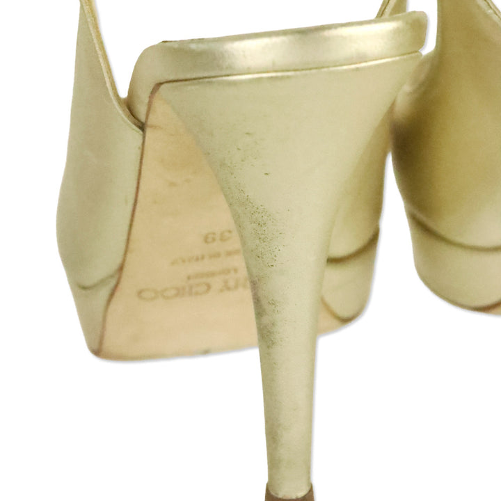 Jimmy Choo Metallic Gold Leather Slingback Peep Toe Pumps