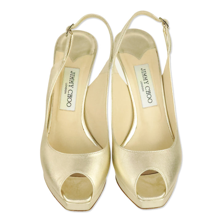 Jimmy Choo Metallic Gold Leather Slingback Peep Toe Pumps