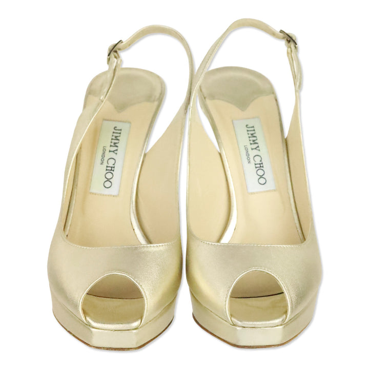Jimmy Choo Metallic Gold Leather Slingback Peep Toe Pumps