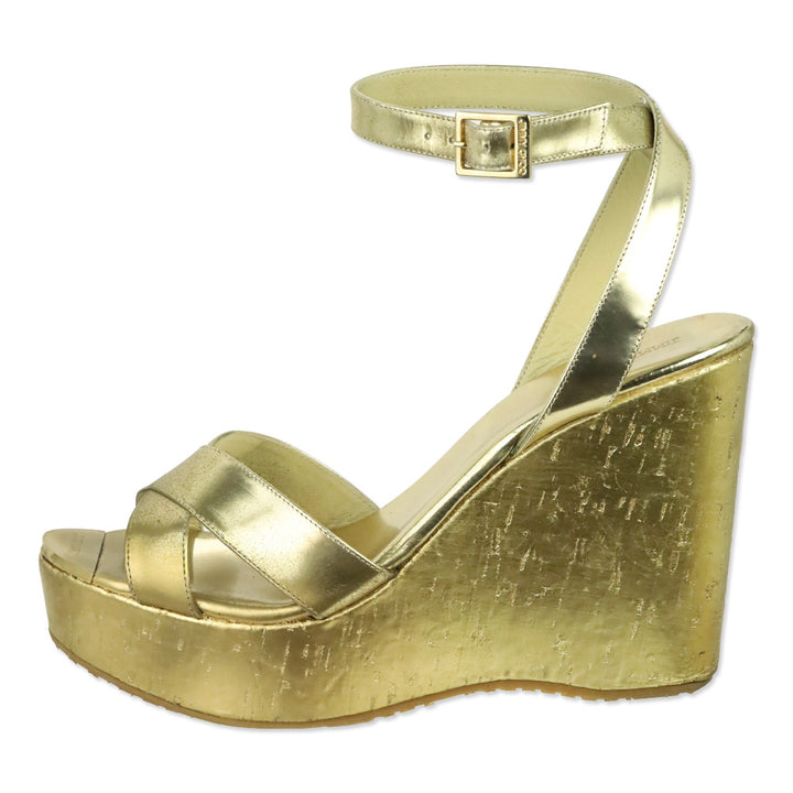 Jimmy Choo Metallic Gold Patent Leather Cork Platform Wedge Sandals