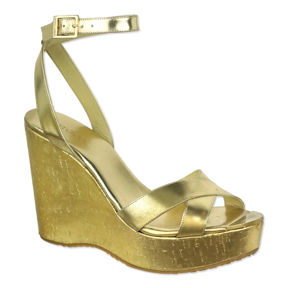 Jimmy Choo Metallic Gold Patent Leather Cork Platform Wedge Sandals