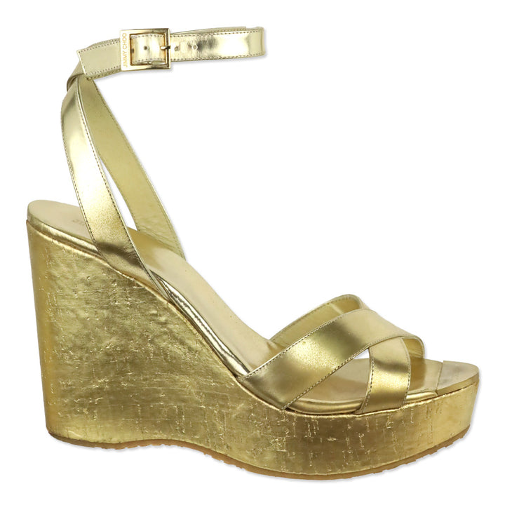 Jimmy Choo Metallic Gold Patent Leather Cork Platform Wedge Sandals
