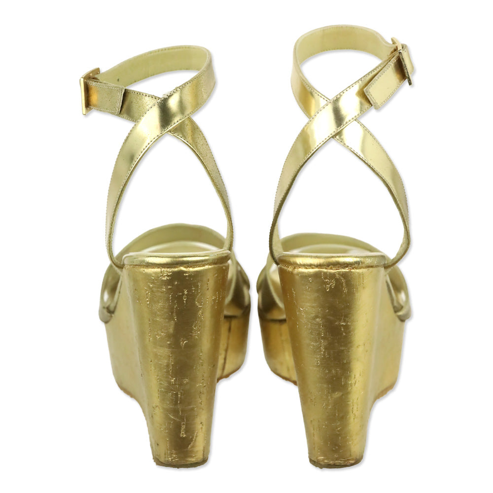 Jimmy Choo Metallic Gold Patent Leather Cork Platform Wedge Sandals