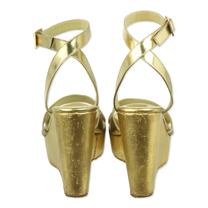 Jimmy Choo Metallic Gold Patent Leather Cork Platform Wedge Sandals
