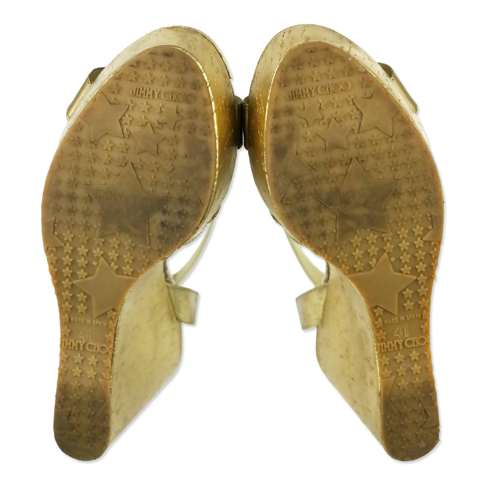 Jimmy Choo Metallic Gold Patent Leather Cork Platform Wedge Sandals