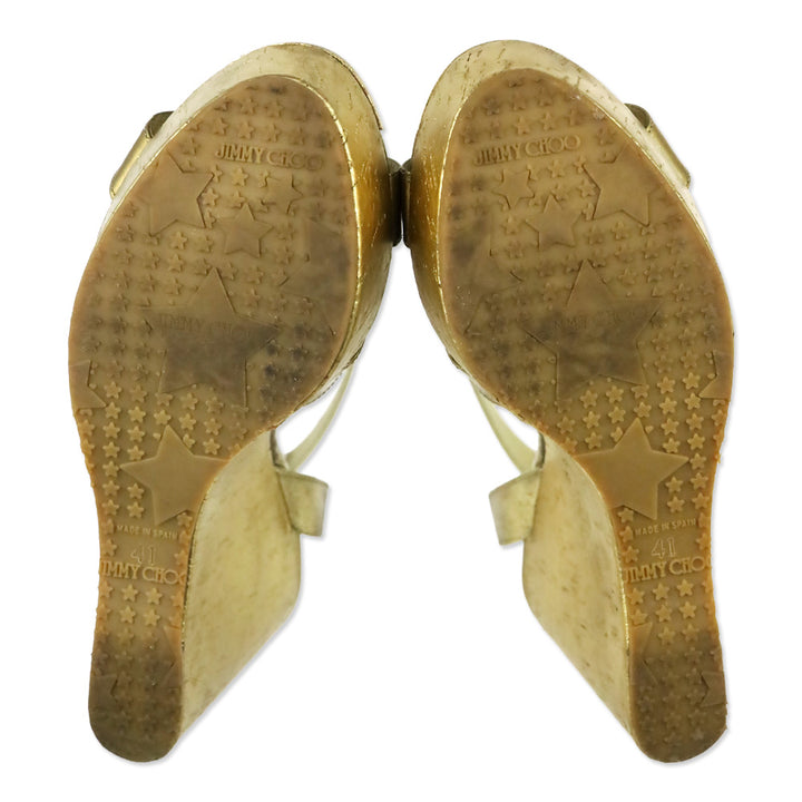 Jimmy Choo Metallic Gold Patent Leather Cork Platform Wedge Sandals