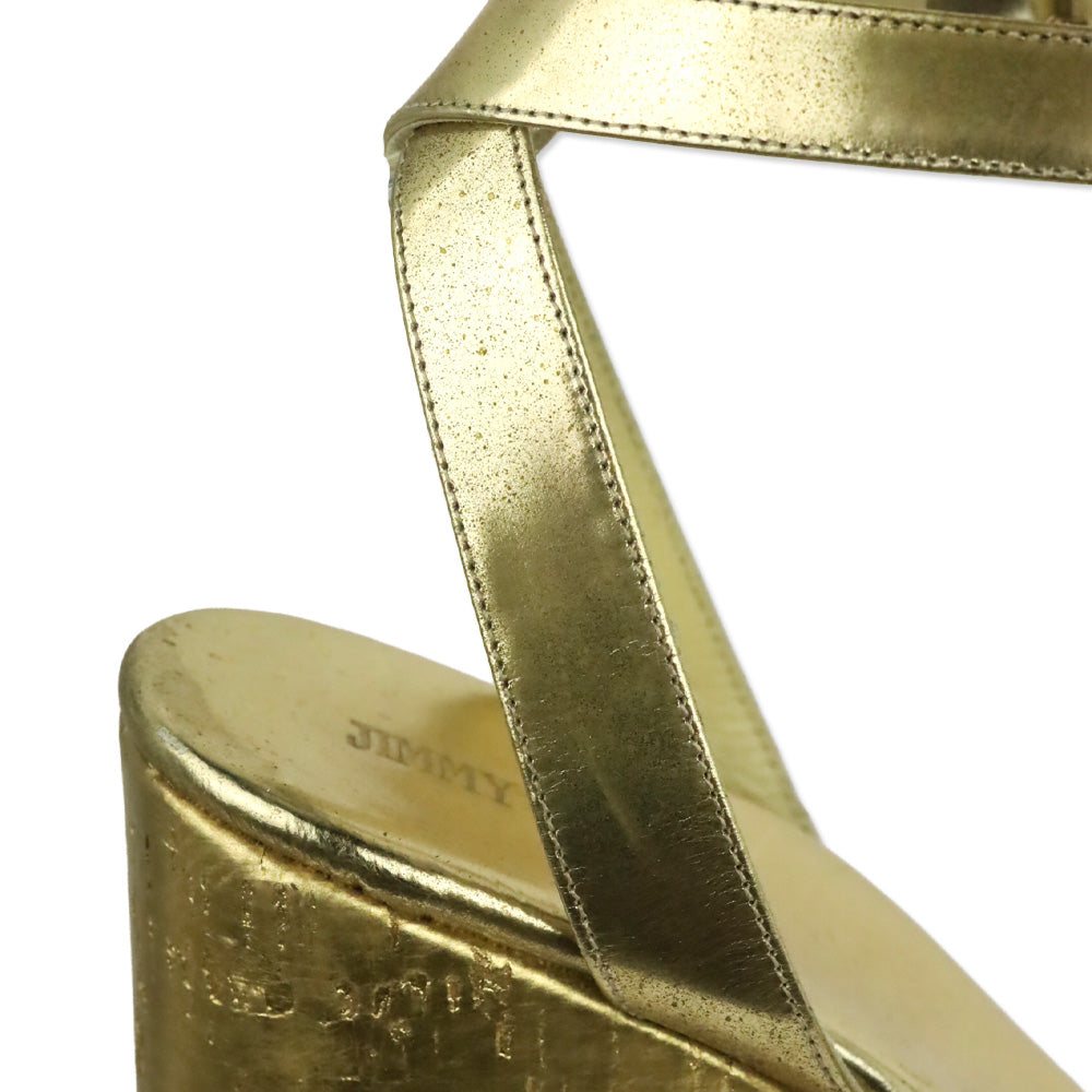 Jimmy Choo Metallic Gold Patent Leather Cork Platform Wedge Sandals