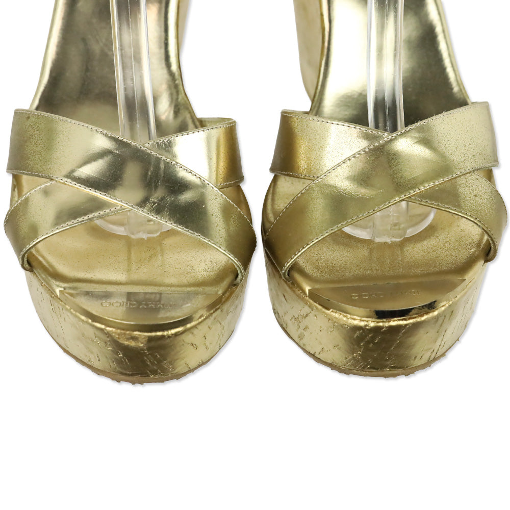 Jimmy Choo Metallic Gold Patent Leather Cork Platform Wedge Sandals