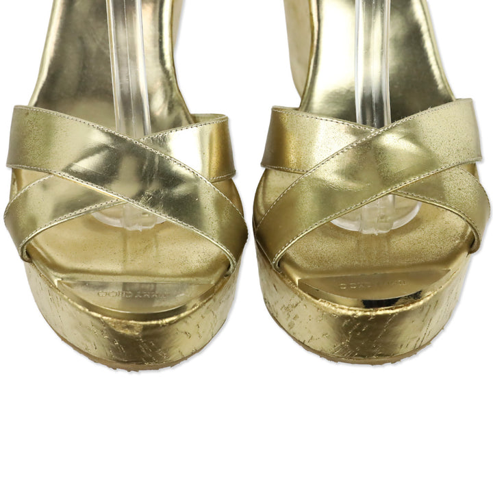 Jimmy Choo Metallic Gold Patent Leather Cork Platform Wedge Sandals