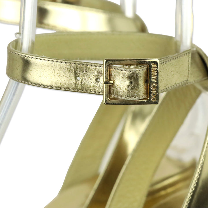 Jimmy Choo Metallic Gold Patent Leather Cork Platform Wedge Sandals