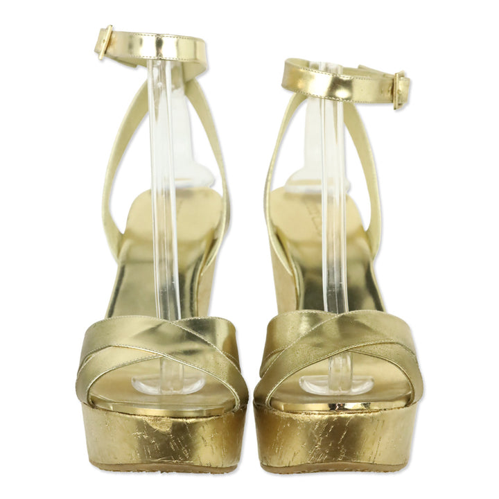 Jimmy Choo Metallic Gold Patent Leather Cork Platform Wedge Sandals