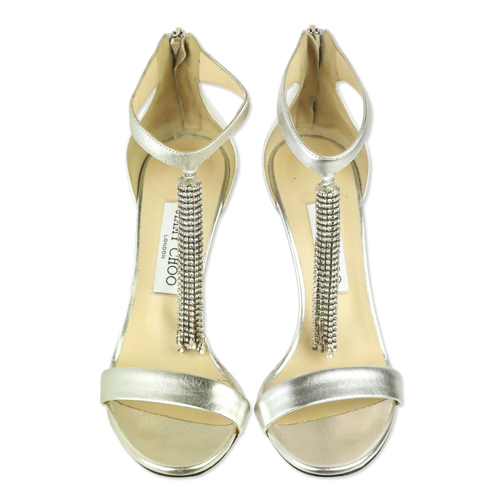 Jimmy Choo Metallic Silver Leather with Crystal Chandelier Viola 100 Pump