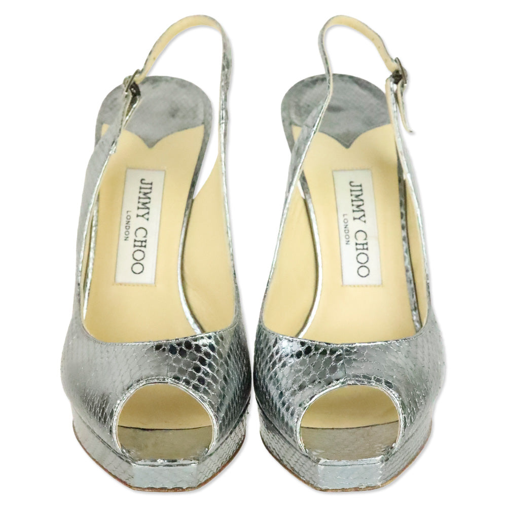 Jimmy Choo Metallic Silver Watersnake Slingback Pumps Heels