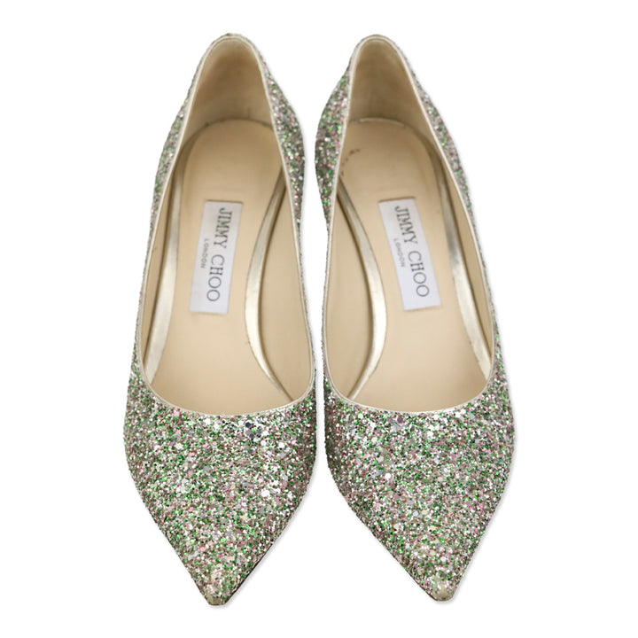 Jimmy Choo Miami Mint Halo Coarse Glitter Romy 85 pumps