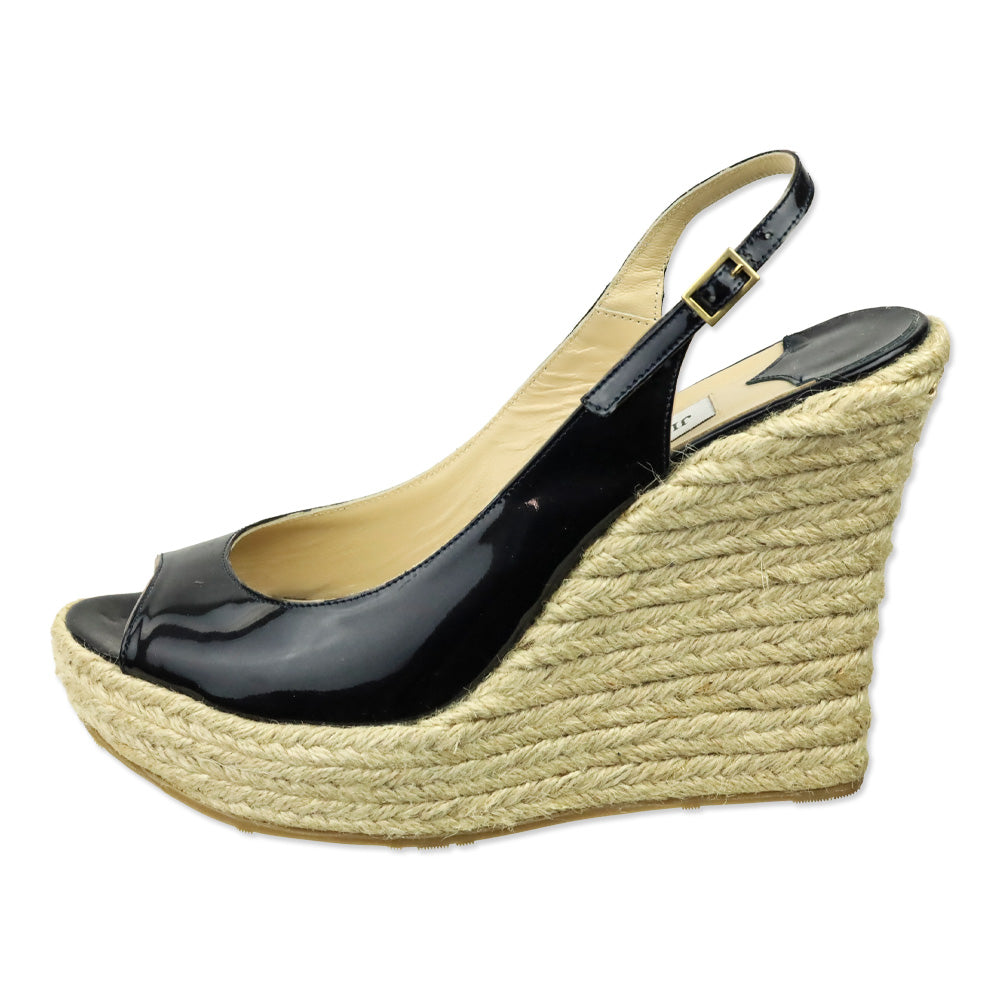 Jimmy Choo Navy Patent Leather Polar Slingback Espadrille Wedge Sandals