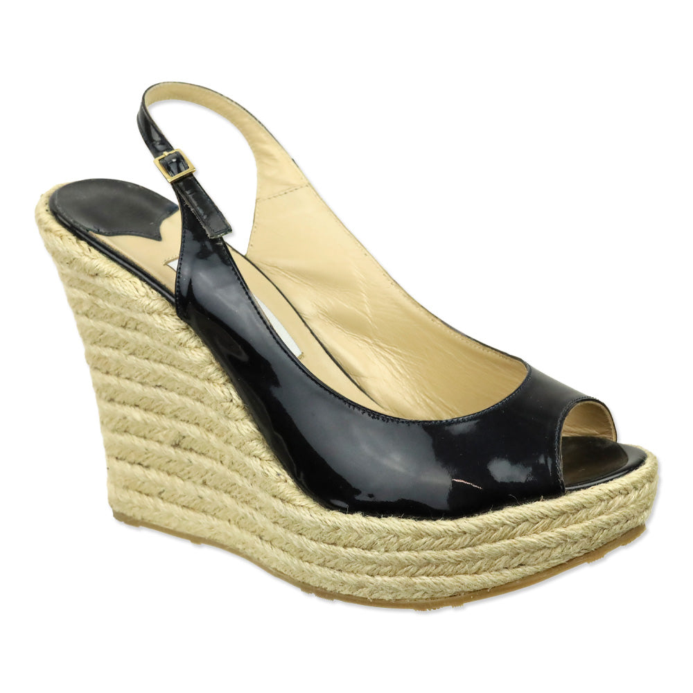 Jimmy Choo Navy Patent Leather Polar Slingback Espadrille Wedge Sandals