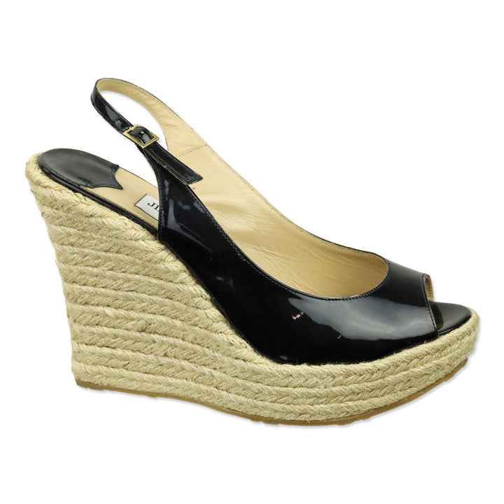 Jimmy Choo Navy Patent Leather Polar Slingback Espadrille Wedge Sandals