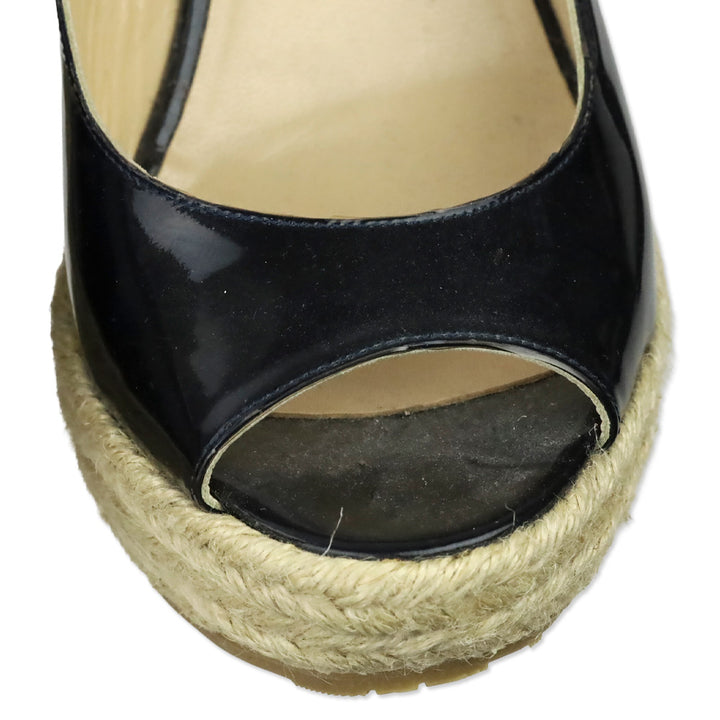 Jimmy Choo Navy Patent Leather Polar Slingback Espadrille Wedge Sandals