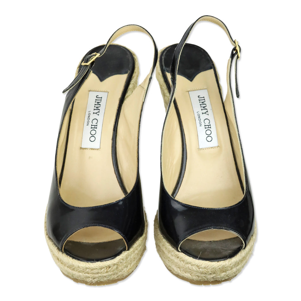 Jimmy Choo Navy Patent Leather Polar Slingback Espadrille Wedge Sandals