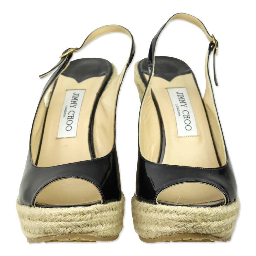 Jimmy Choo Navy Patent Leather Polar Slingback Espadrille Wedge Sandals
