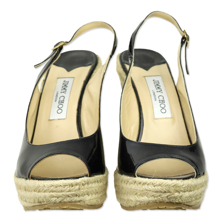 Jimmy Choo Navy Patent Leather Polar Slingback Espadrille Wedge Sandals