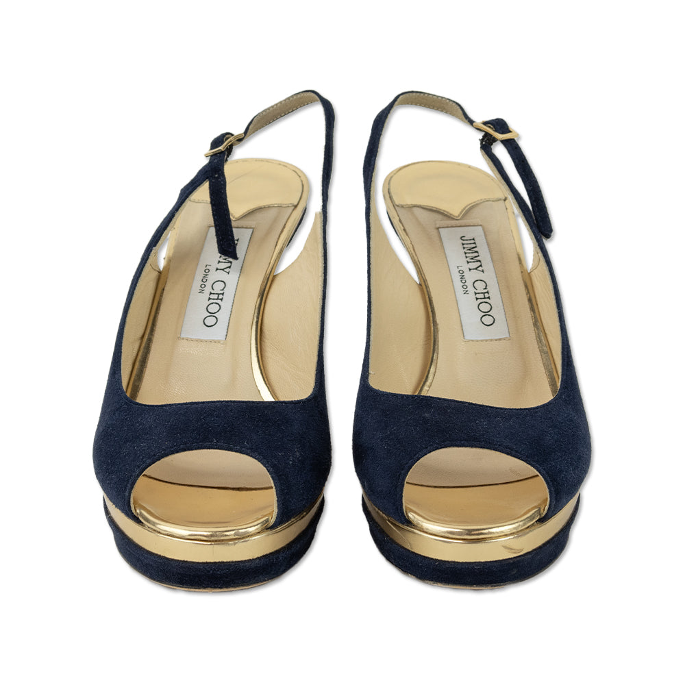 Jimmy Choo Navy Suede & Gold Mirror Leather Slingback Platform Pumps