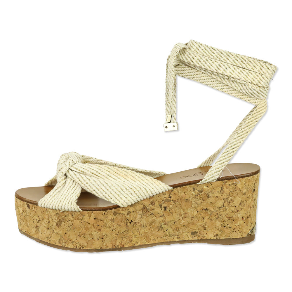 Jimmy Choo Norah 70 Cream and Gold Canvas Wedge Sandals