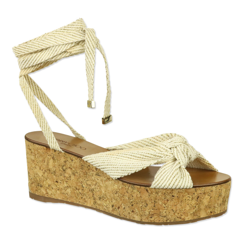 Jimmy Choo Norah 70 Cream and Gold Canvas Wedge Sandals