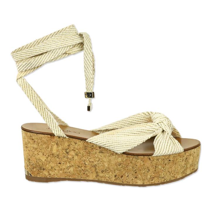 Jimmy Choo Norah 70 Cream and Gold Canvas Wedge Sandals