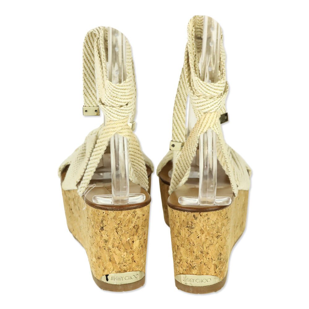 Jimmy Choo Norah 70 Cream and Gold Canvas Wedge Sandals
