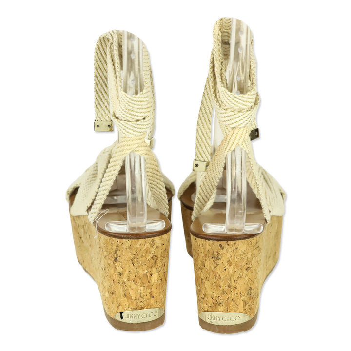 Jimmy Choo Norah 70 Cream and Gold Canvas Wedge Sandals