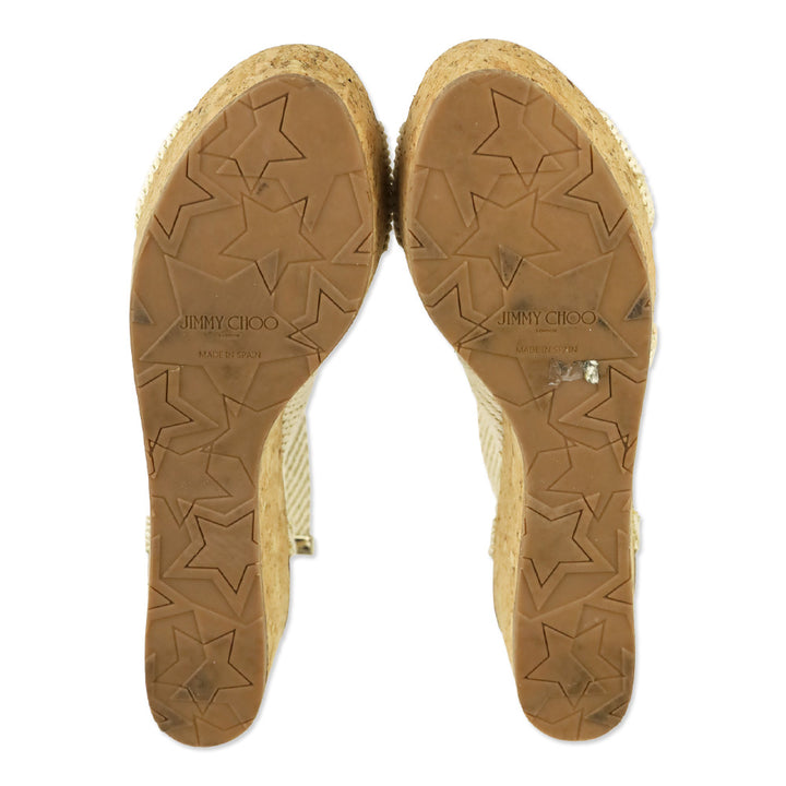 Jimmy Choo Norah 70 Cream and Gold Canvas Wedge Sandals