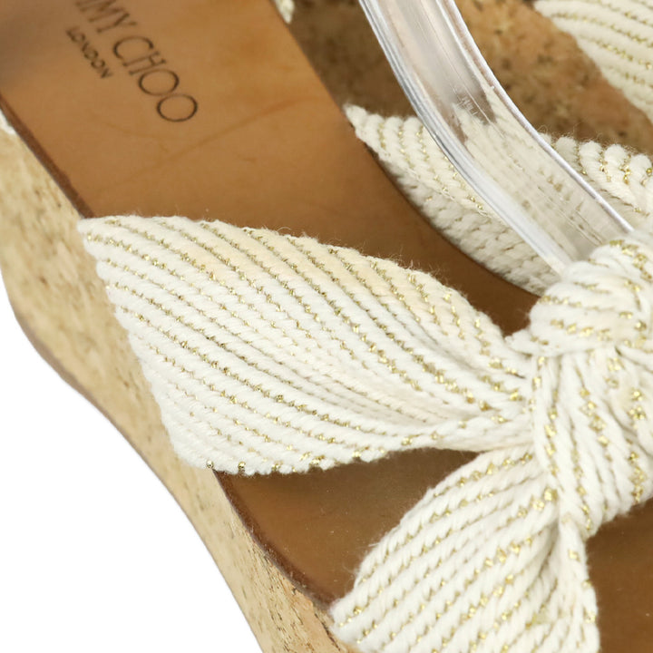 Jimmy Choo Norah 70 Cream and Gold Canvas Wedge Sandals