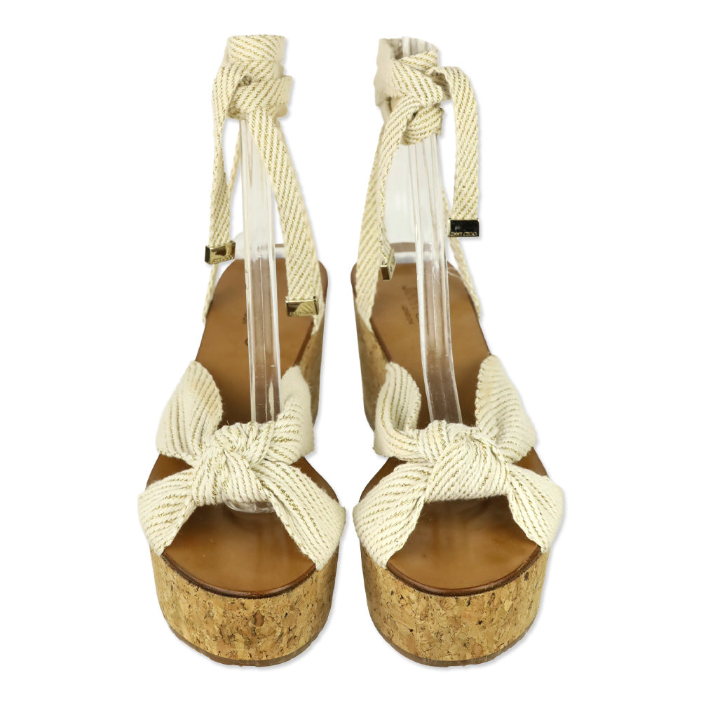 Jimmy Choo Norah 70 Cream and Gold Canvas Wedge Sandals