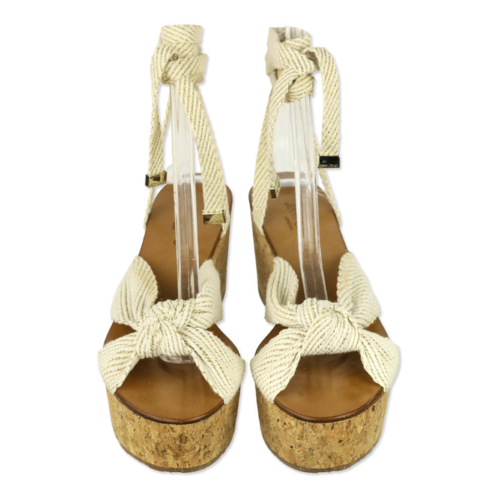 Jimmy Choo Norah 70 Cream and Gold Canvas Wedge Sandals