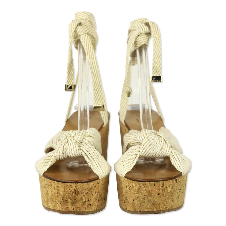 Jimmy Choo Norah 70 Cream and Gold Canvas Wedge Sandals