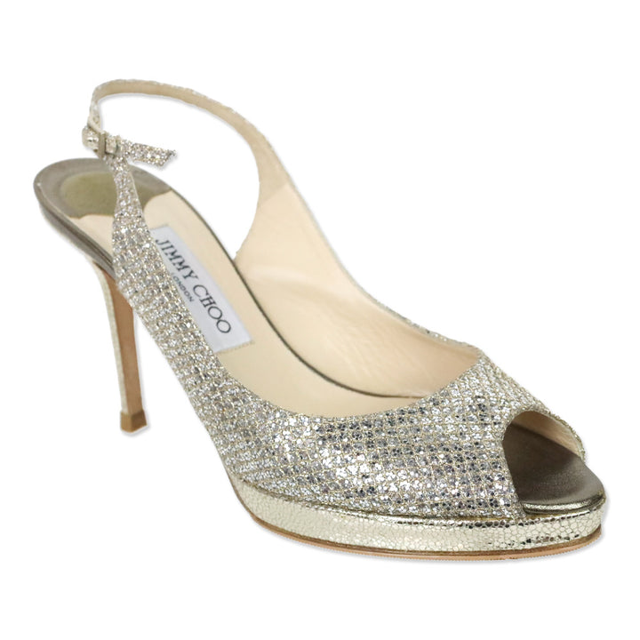 Jimmy Choo Nova Gold/Silver Glitter Peep Toe Slingback Heel