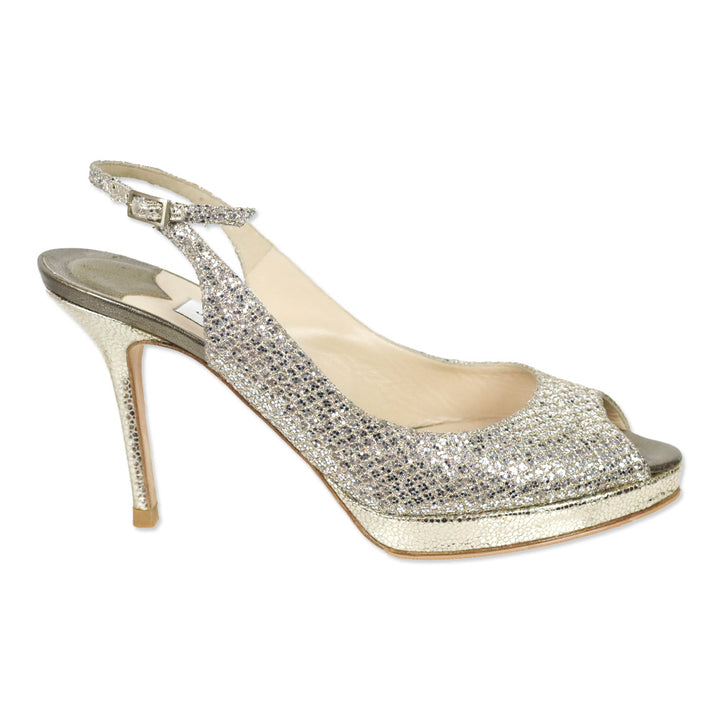 Jimmy Choo Nova Gold/Silver Glitter Peep Toe Slingback Heel