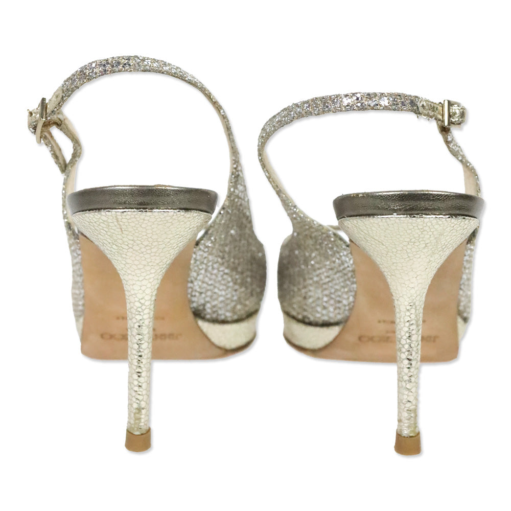 Jimmy Choo Nova Gold/Silver Glitter Peep Toe Slingback Heel