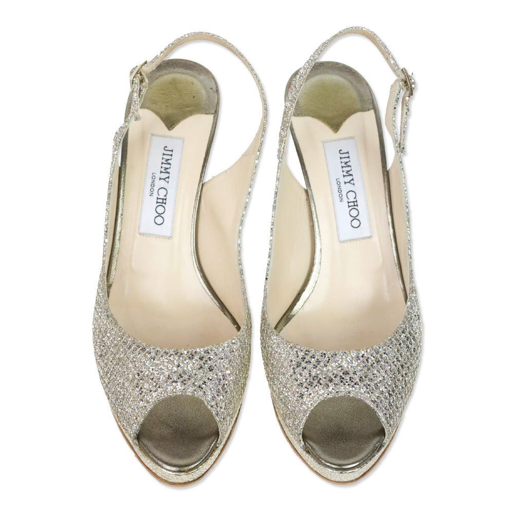 Jimmy Choo Nova Gold/Silver Glitter Peep Toe Slingback Heel