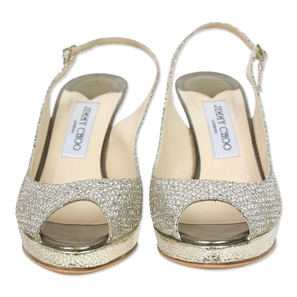 Jimmy Choo Nova Gold/Silver Glitter Peep Toe Slingback Heel