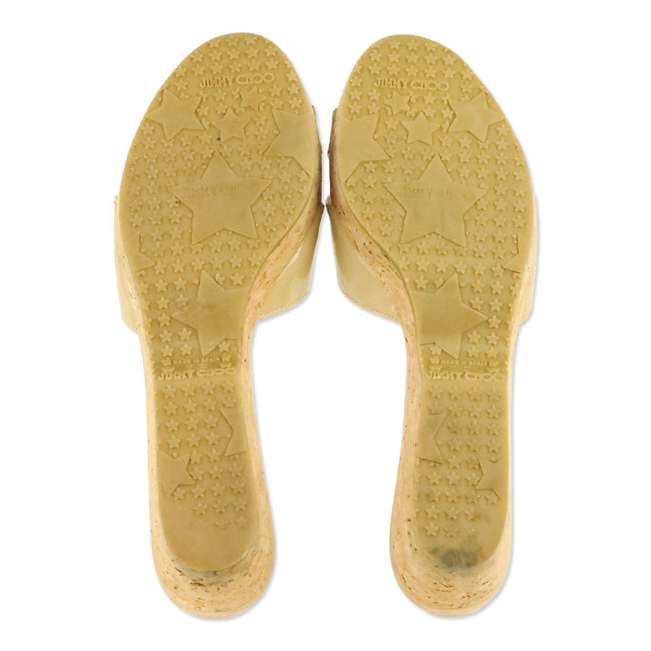 Jimmy Choo Nude Panna Patent Leather Cork Wedge Slides