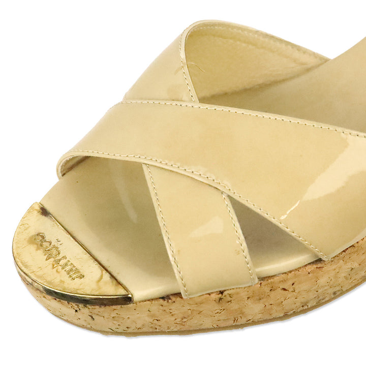 Jimmy Choo Nude Panna Patent Leather Cork Wedge Slides