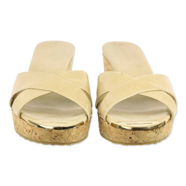 Jimmy Choo Nude Panna Patent Leather Cork Wedge Slides