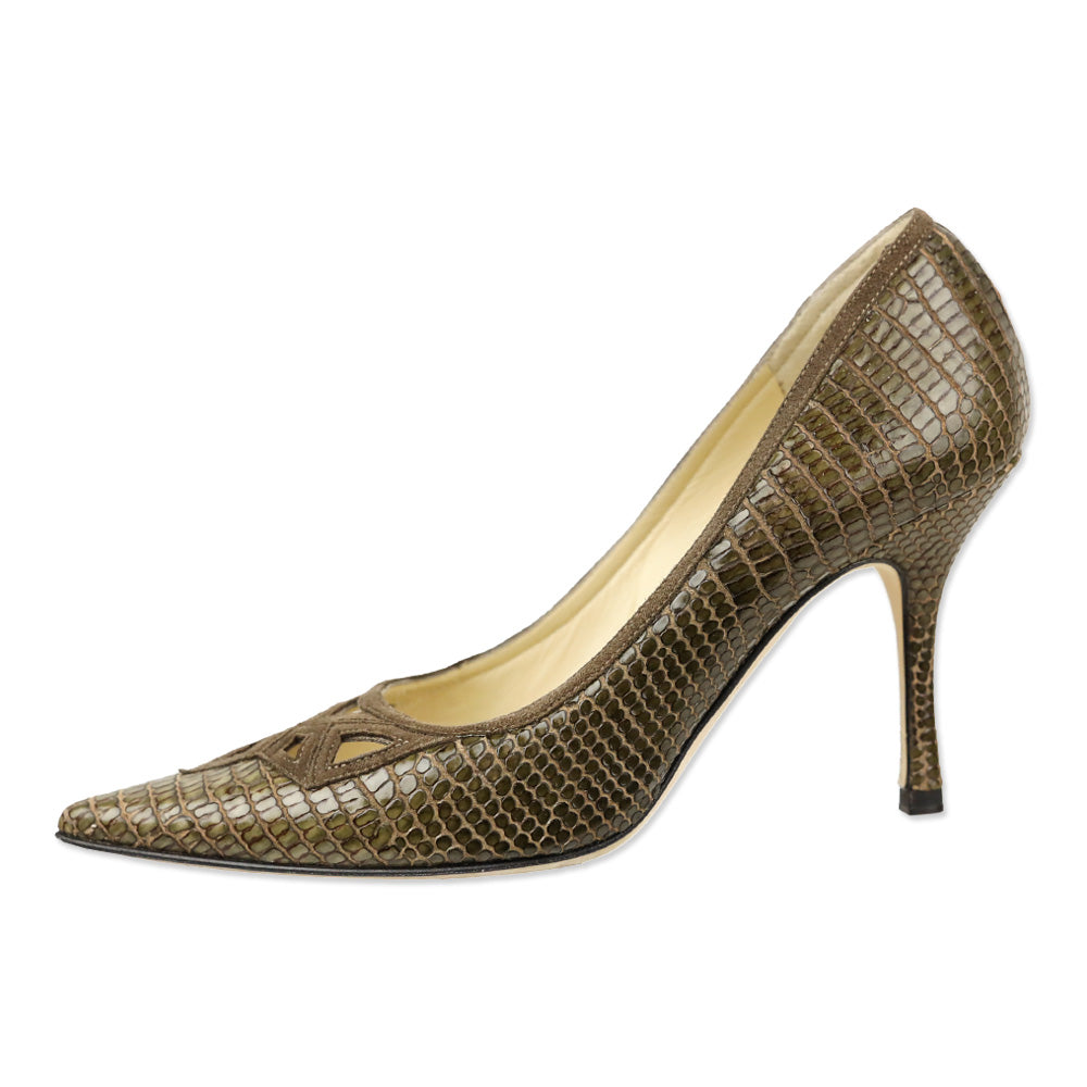 Jimmy Choo Olive Lizard Skin Suede Cutout Kitten Pumps