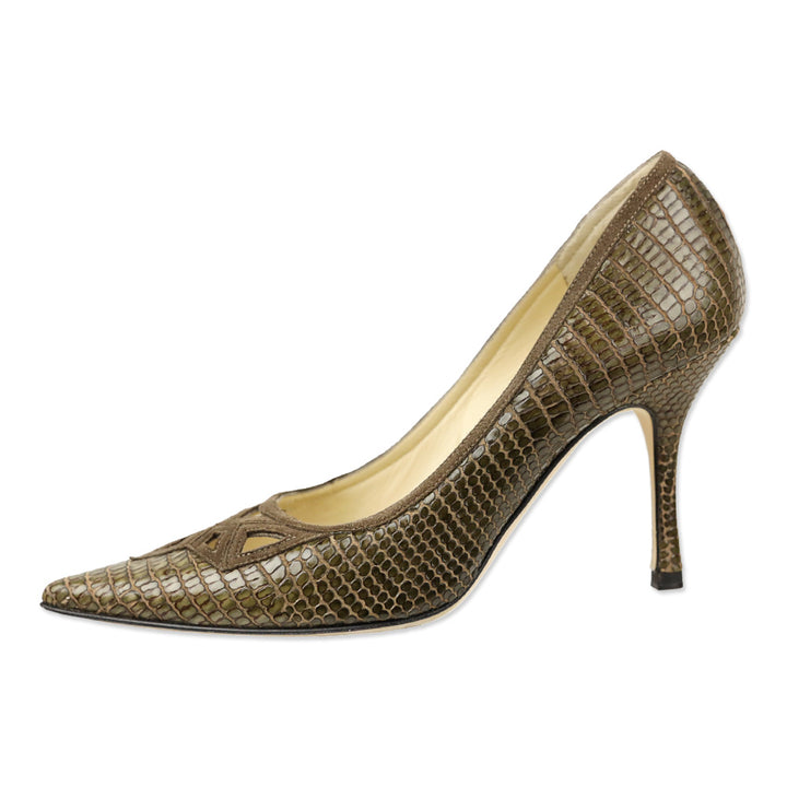 Jimmy Choo Olive Lizard Skin Suede Cutout Kitten Pumps