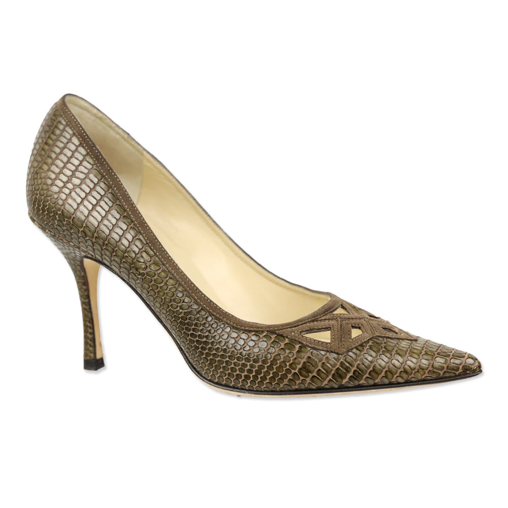 Jimmy Choo Olive Lizard Skin Suede Cutout Kitten Pumps